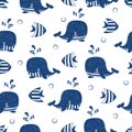 Seamless marine pattern with hand drawn whales and fish