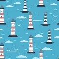 Seamless marine pattern with lighthouse