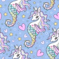 Seamless marine pattern. Seahorses, unicorns with a rainbow mane on a blue background. Vector Royalty Free Stock Photo