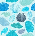 Seamless marine pattern with shells. Light blue graphic background with seashells. Royalty Free Stock Photo