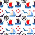 Seamless marine pattern, ships sailboats, steering wheels, lifebuoys and seagulls on a white background. Print, decor for textiles