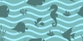 Seamless marine pattern with waves and fish silhouettes. Striped background with sea animals and algae. Royalty Free Stock Photo