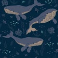 Seamless marine pattern with whales. Vector graphics