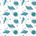 Seamless marine pattern on white background. Blue and gray shell silhouettes. Vector illustration for fabric, wallpaper