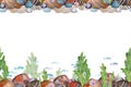 Seamless marine pattern on a white background. Sea stones, algae, fish, shells, starfish. Watercolor illustration. For Royalty Free Stock Photo