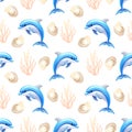 Seamless marine-themed pattern with blue dolphins, coral branches, and seashells on white background Royalty Free Stock Photo