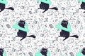 Seamless mathematical pattern in doodle style with funny cat. Background for educational stationery and textiles