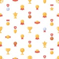 Seamless medals and winner cups pattern. Endless background with gold sports trophies, prizes and awards print Royalty Free Stock Photo