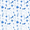 Seamless medical specialties pattern on white background for packaging design, wrapping paper, fabric or textile