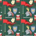 Seamless medieval pattern with helmet, flags, swords and shields