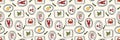 Seamless Mediterranean food pattern with seafood, citrus, olive branches, wine bottles. frames on light background. Decorative Royalty Free Stock Photo