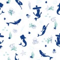 Seamless mermaid pattern. Vector marine background. pattern with elegant beautiful mermaids, silhouette