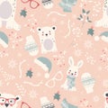 Seamless Merry Christmas patterns with cute polar animals, bears