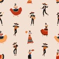 Seamless Mexican pattern for Day of Dead with people. Repeating background for Mexico Death holiday with skeletons Royalty Free Stock Photo