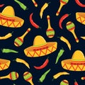 Seamless Mexican pattern with sombrero and chili pepper Royalty Free Stock Photo