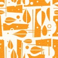 Seamless mid century modern autumn pattern with leaves and geometric shapes.