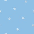 Seamless minimal cute, sweet, pastel animal pet dog foot print paw repeat pattern in blue background