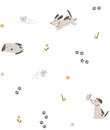 Seamless minimal pattern with cute puppy, butterfly, simple daisy flowers. Endless dog and chamomile background in Royalty Free Stock Photo