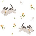 Seamless minimal pattern with cute puppy, butterfly, simple daisy flowers. Endless dog and chamomile background in Royalty Free Stock Photo