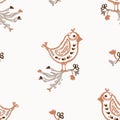 Seamless minimalist doodle floral bird pattern background. Calm boho earthy tone color wallpaper. Simple modern natural