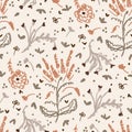 Seamless minimalist doodle floral pattern background. Calm boho earthy tone color wallpaper. Simple modern scandi unisex