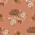 Seamless minimalist doodle floral pattern background. Calm boho earthy tone color wallpaper. Simple modern scandi unisex