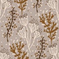 Seamless minimalist doodle floral pattern background. Calm boho earthy tone color wallpaper. Simple modern scandi unisex