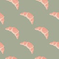 Seamless minimalistic seamless pattern with croissants. France dessert pink ornament on grey background