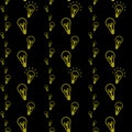 Seamless minimalistic retro light bulb yellow pattern on black background