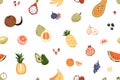 Seamless mixed fruit background. Repeating tropical colorful pattern, print. Exotic summer texture design with sweet Royalty Free Stock Photo