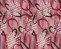 Seamless Modern Abstract Pattern, Colored Curves with Dots on Lined Background.