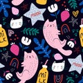 Seamless modern childish pattern with cartoon pink cats. High detailed kids texture with star, cat, rainbow, strawberry, heart,