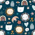 Seamless modern childish pattern. High detailed kids texture with sun, cat, rainbow, bird, heart. Vector illustration