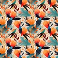 Seamless modern colorful tropical floral pattern, hummingbird, Cute botanical abstract contemporary, Hand drawn unique print,
