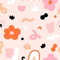 Seamless modern pattern with hand drawn plants, abstract shapes, textures. Creative floral background. Perfect for fabric design, Royalty Free Stock Photo