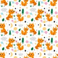 Seamless mom and baby animals. Lovely happy foxes family print. Cute mother with cub. Nursery funny background. Funny