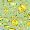 Seamless money pattern, gold coins with dollar sign fall, vector illustration