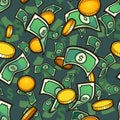 Seamless money pattern with golden coins and bills.