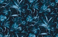 Seamless mono blue watercolor flower background