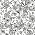 Seamless monochromatic pattern with butterflies and flowers