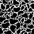 Seamless monochromatic pattern made of rounded black shapes and dots. Animal skin, cow plaid