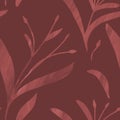 Seamless monochrome dark red pattern with hand-drawn plants and branches. Linen, bedclothing, print, packaging design