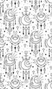 Seamless monochrome galaxy esoteric pattern. Black contour space sacred ornaments. Vector magic texture with stars and dots