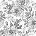 Seamless monochrome gray floral pattern with peony flowers.