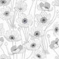 Seamless monochrome pattern with anemones