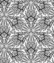 Seamless monochrome pattern with contour antelope heads with folk art. Gazelle with floral ornament. Kaleidoscope with outline