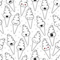 Seamless monochrome pattern different ice cream doodle emotion