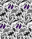 Seamless monochrome pattern with eggplants on the bushes, basil twigs and doodle decoration on white background. Vector natural