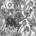 Seamless monochrome pattern with hand drawn flowers and brunchs