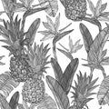 Seamless monochrome pattern with pineapple bird of paradise flowers Royalty Free Stock Photo